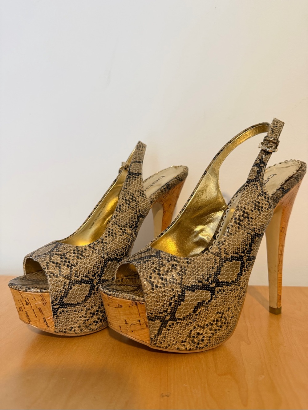 Bebe Snake-Print Platform Slingback Heels